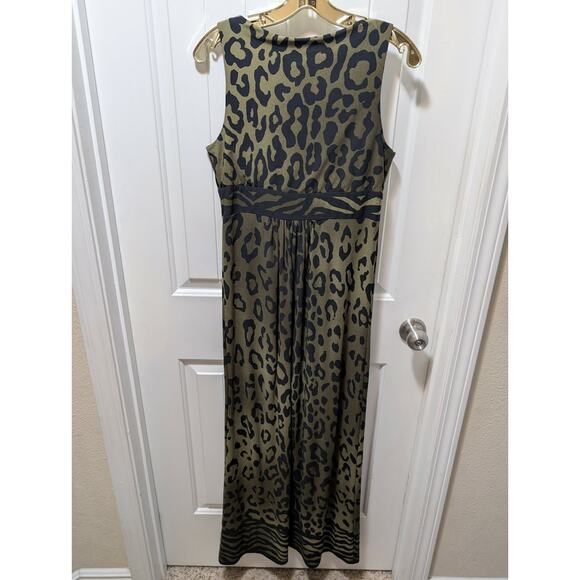 SANDRA DARREN Green Black Leopard Print Maxi Dress Sleeveless V Neck Size 6 - Picture 2 of 8